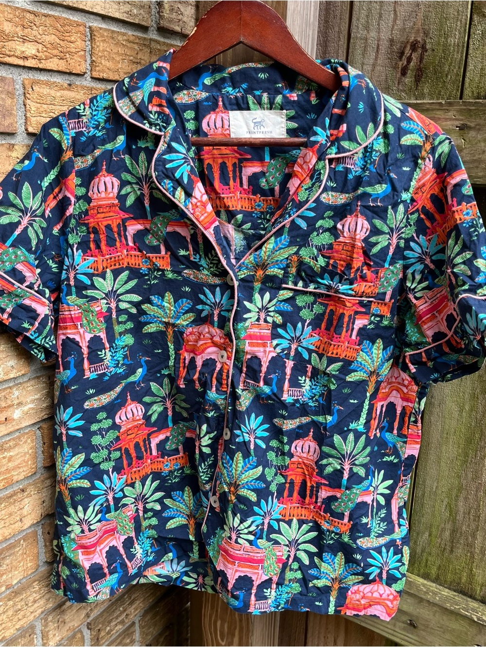 Printfresh Navy Tropical Print Organic Cotton Short-Sleeve Pajama Shirt